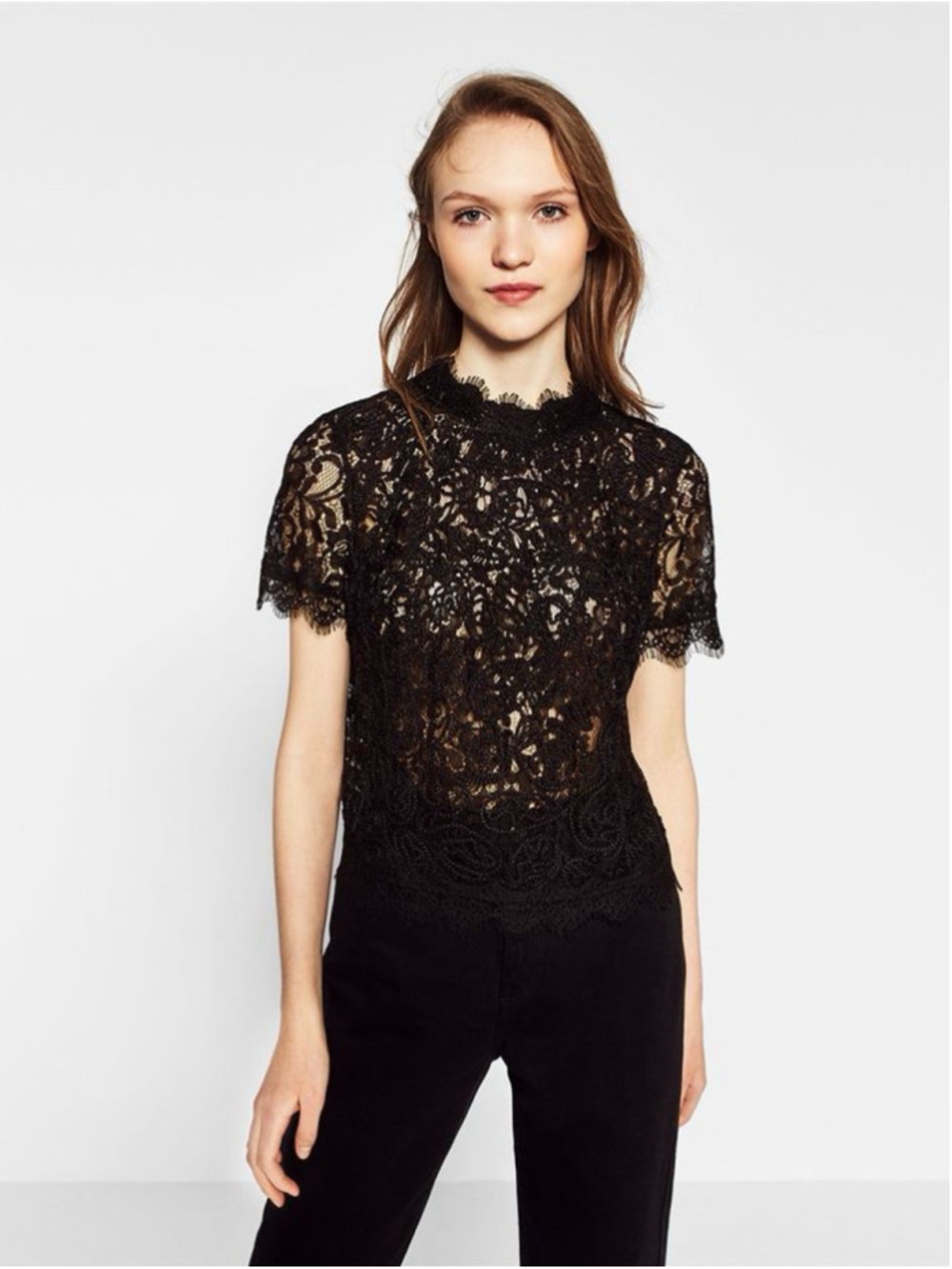 Zara Trafaluc Black Lace Short Sleeve Top Size L